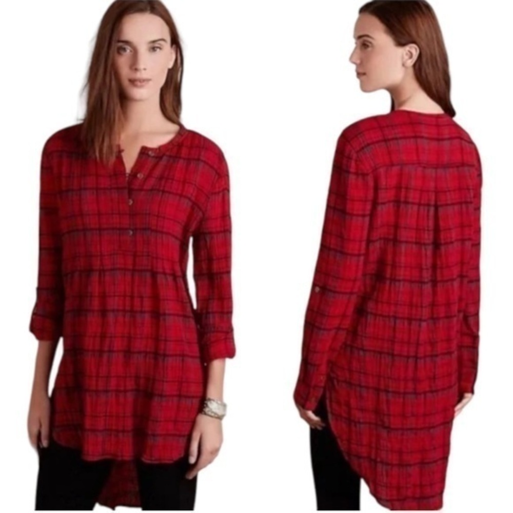 Anthropologie Holding Horses Half Button Tunic Top Plaid Flannel Red Black Small